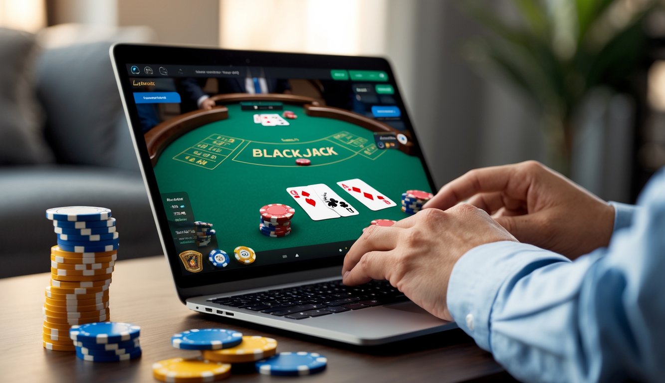 Seseorang bermain blackjack online di laptop dengan kartu dan chip poker di layar.