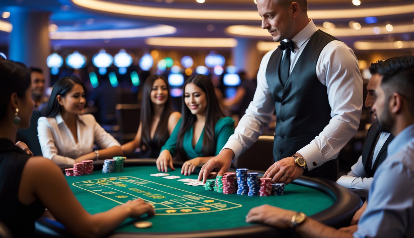 Meja blackjack di kasino dengan dealer dan beberapa pemain yang sedang bermain kartu.