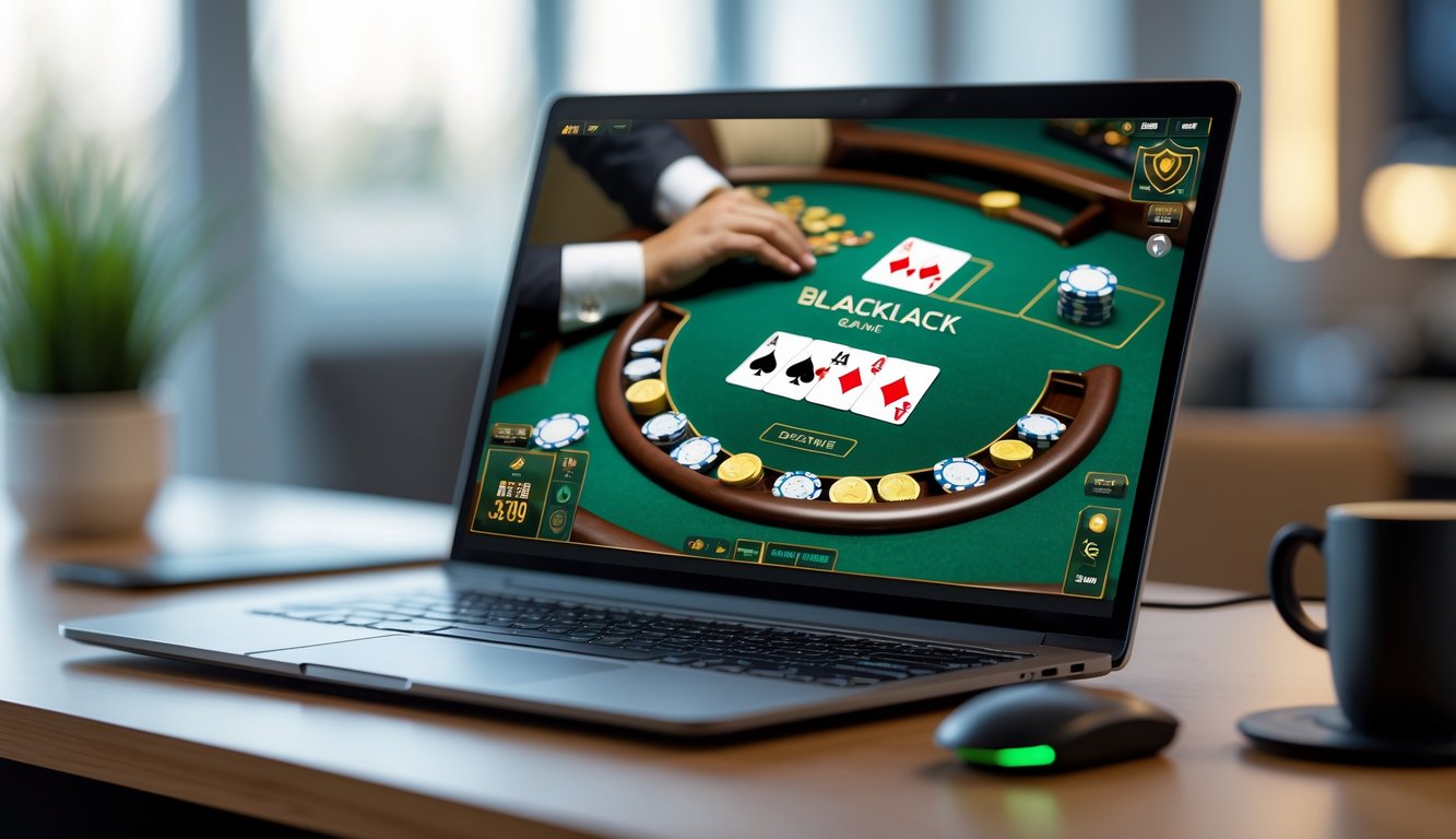 Seorang pengguna bermain blackjack online di komputer dengan tampilan kartu dan chip di layar.
