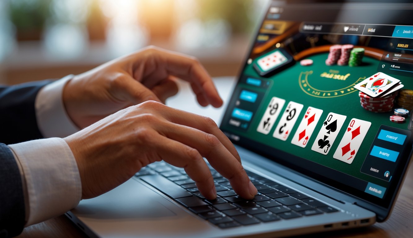 Seseorang bermain blackjack online menggunakan laptop dengan kartu dan chip terlihat di layar.