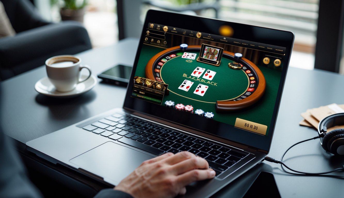 Seseorang sedang bermain blackjack online di depan laptop di ruang kerja yang nyaman dengan kopi di meja.