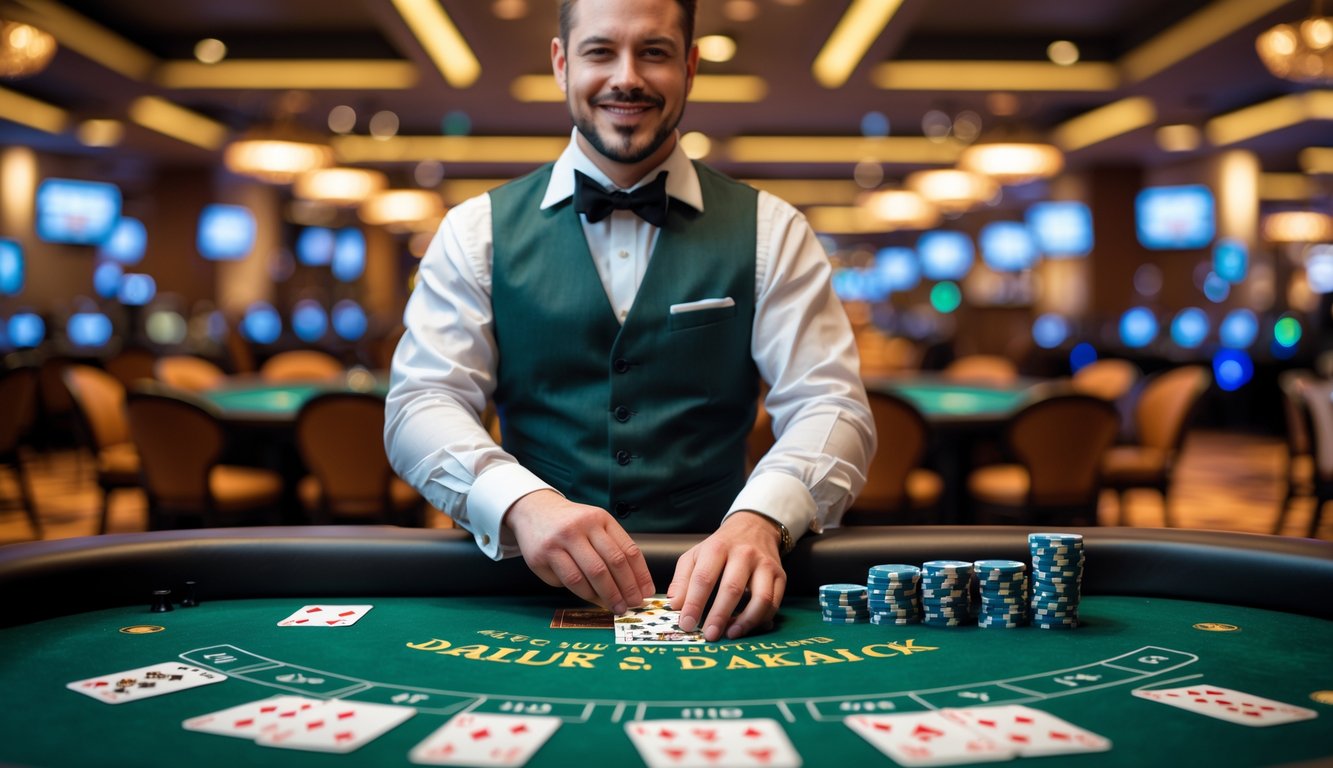 Seorang dealer blackjack langsung sedang membagikan kartu di meja kasino dengan tumpukan chip dan kartu terlihat di atas meja.