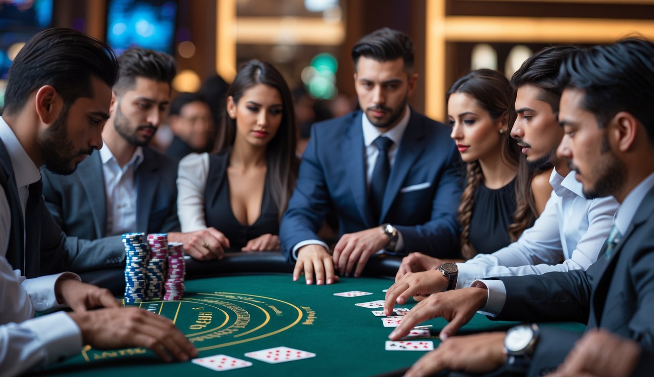 Meja blackjack dengan pemain yang fokus dan dealer sedang mengelola permainan di kasino.