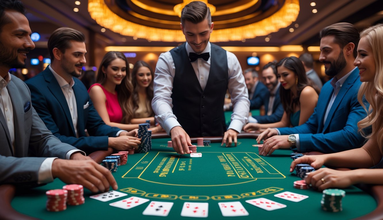 Meja blackjack dengan dealer dan beberapa pemain yang sedang bermain di kasino.