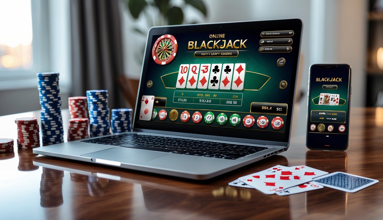 Seseorang bermain blackjack online menggunakan laptop dan ponsel di meja kayu dengan chip poker dan kartu bermain di sekitarnya.