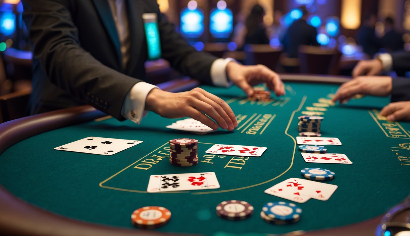 Meja blackjack di kasino dengan kartu dan chip, dealer sedang membagikan kartu kepada pemain.