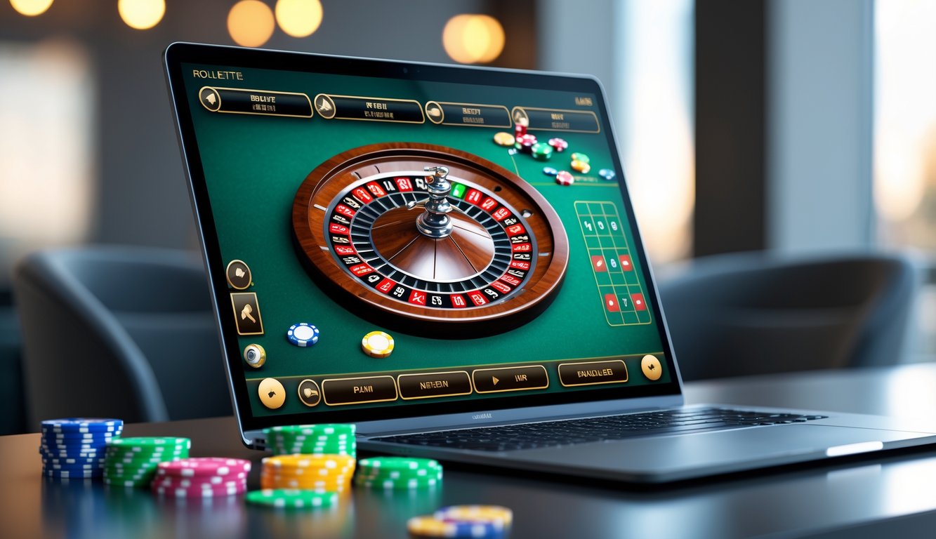 Sebuah layar komputer menampilkan permainan roulette online dengan roda roulette berputar dan chip taruhan digital di meja taruhan.