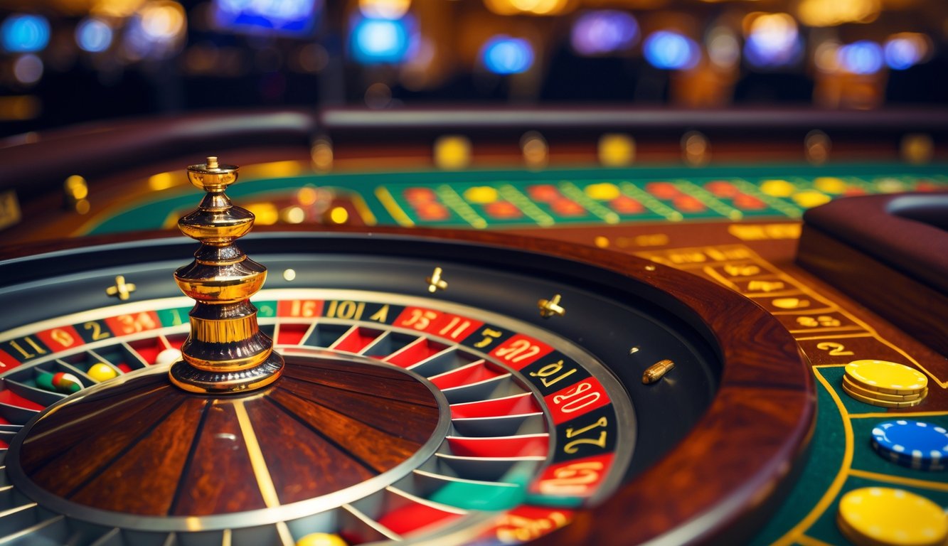 Meja roulette dengan roda yang berputar dan chip warna-warni di atasnya dalam suasana kasino.