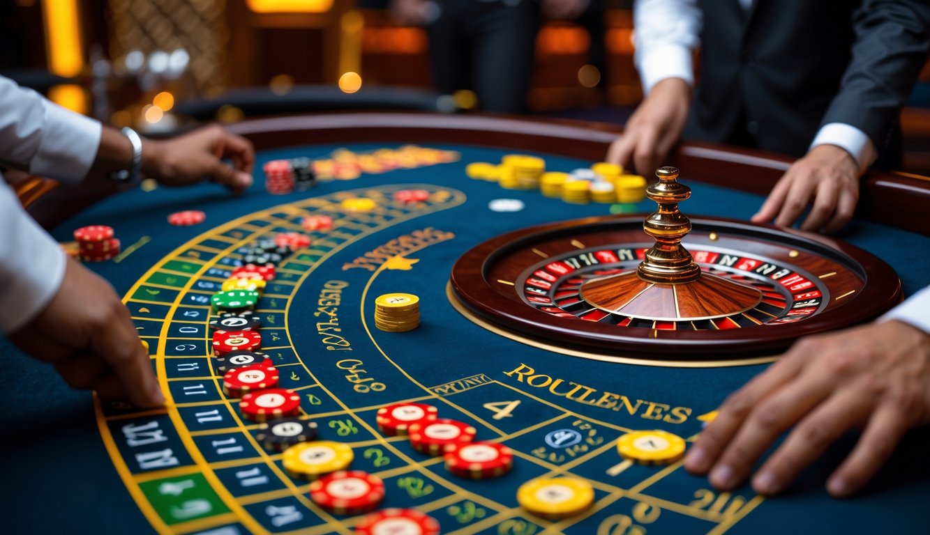Meja roulette kasino dengan roda roulette dan pemain yang memasang chip taruhan di Indonesia.