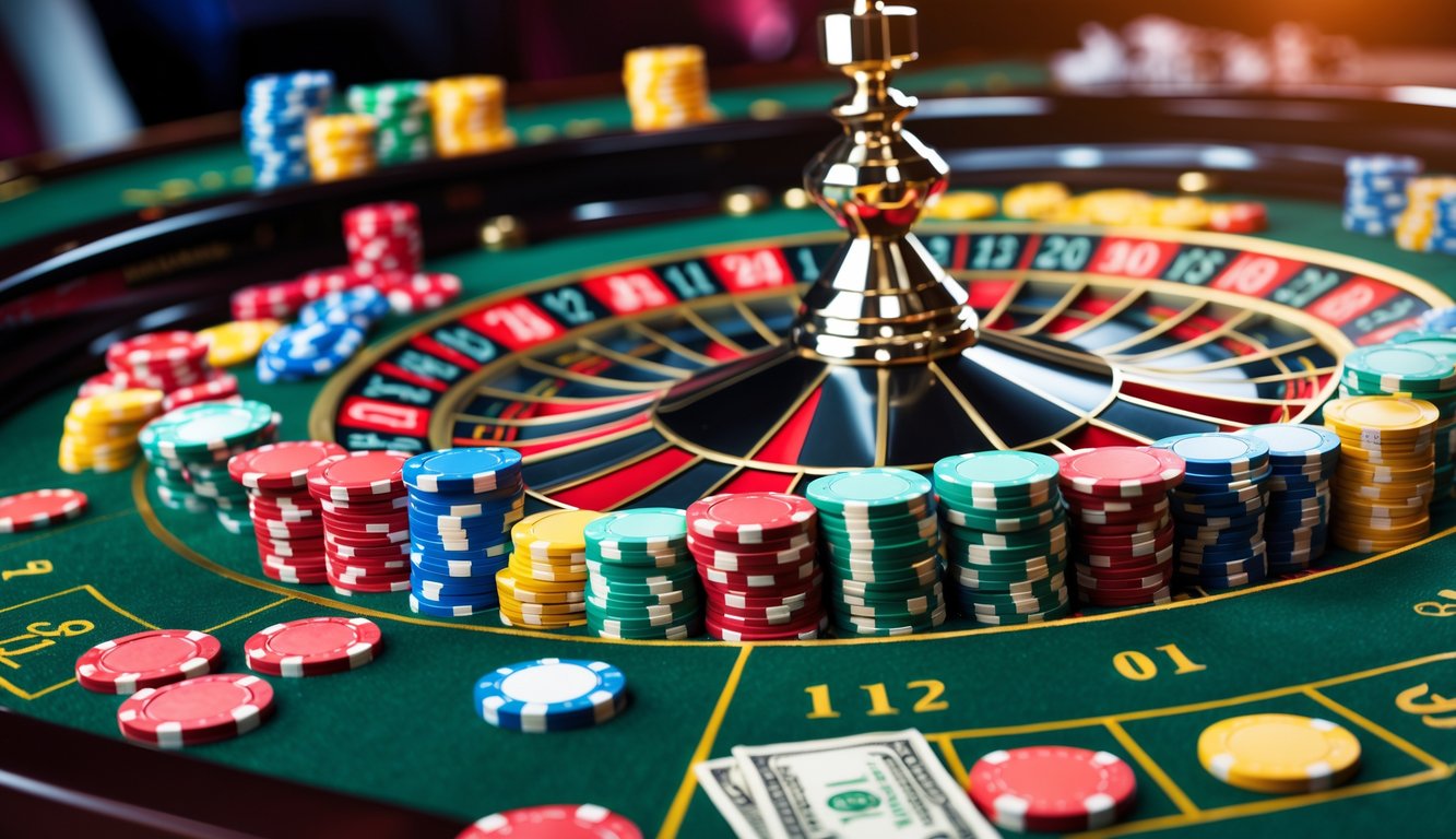 Meja roulette kasino dengan uang asli dan chip warna-warni di atas permukaan hijau.