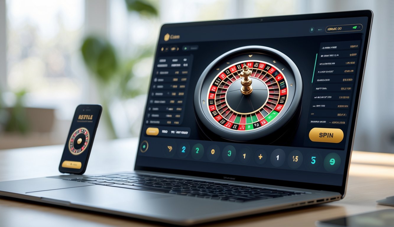 Layar laptop dan ponsel menampilkan permainan roulette online dengan roda roulette berwarna merah, hitam, dan hijau di atas meja kayu.
