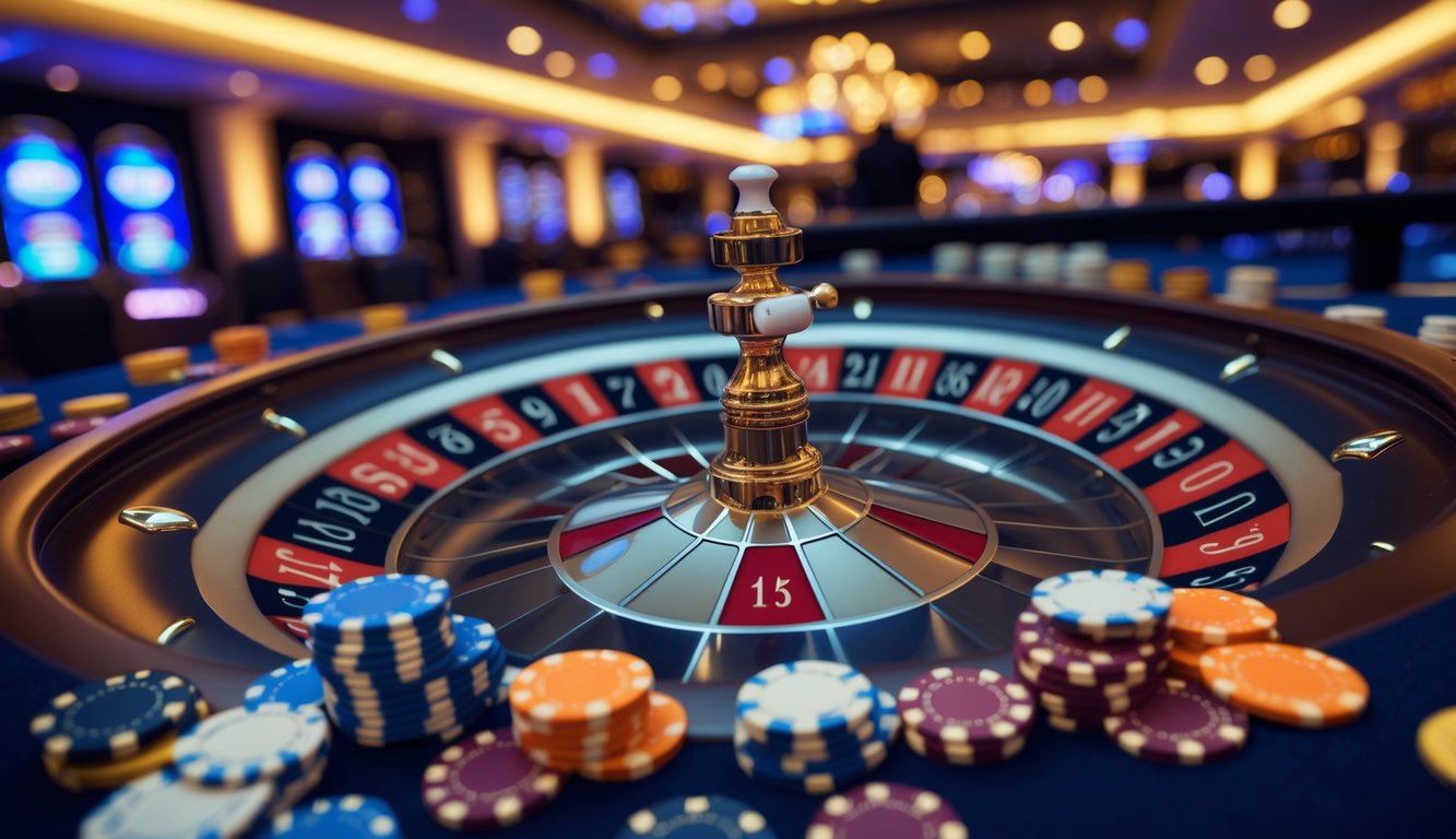 Meja roulette kasino dengan roda roulette dan tumpukan chip taruhan berwarna-warni.