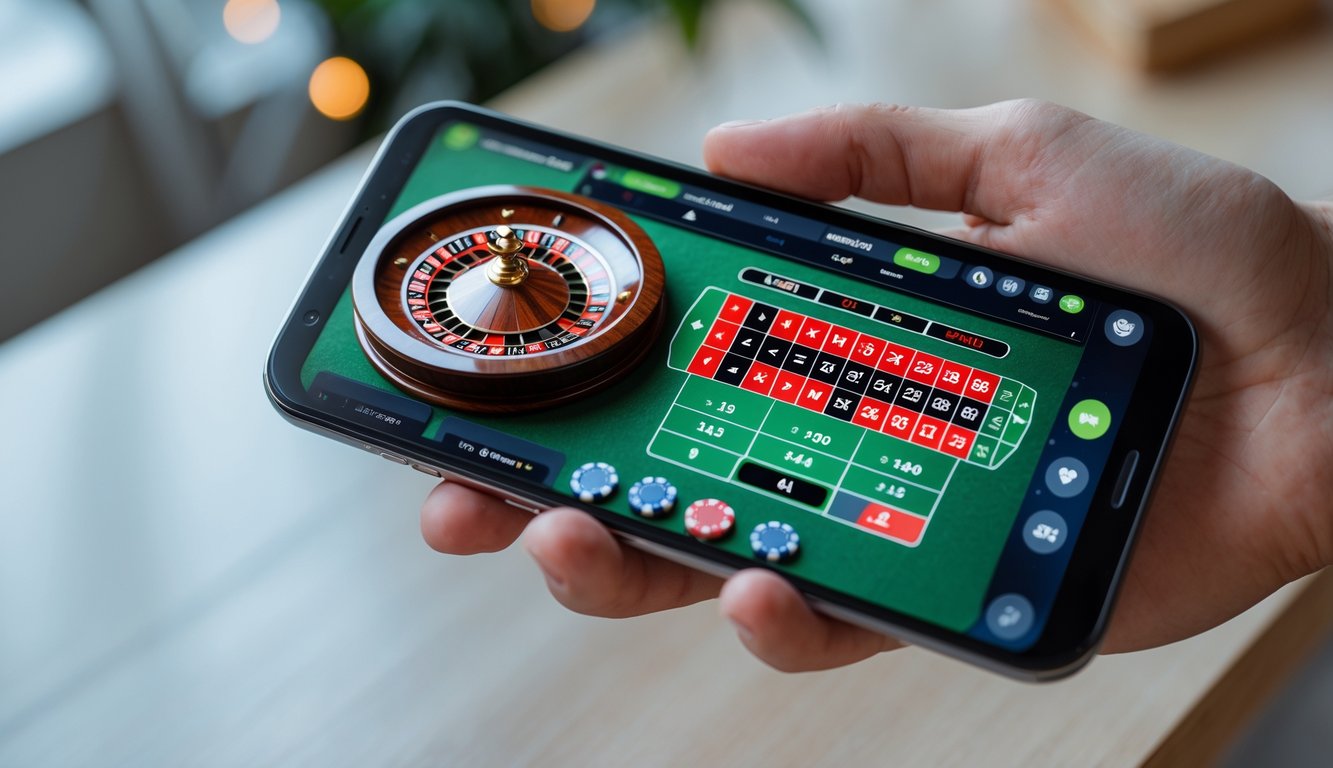 Seseorang memegang ponsel yang menampilkan permainan roulette online di layar.