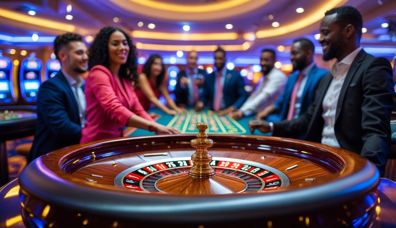 Meja roulette kasino dengan roda yang berputar dan pemain yang antusias di sekitarnya.