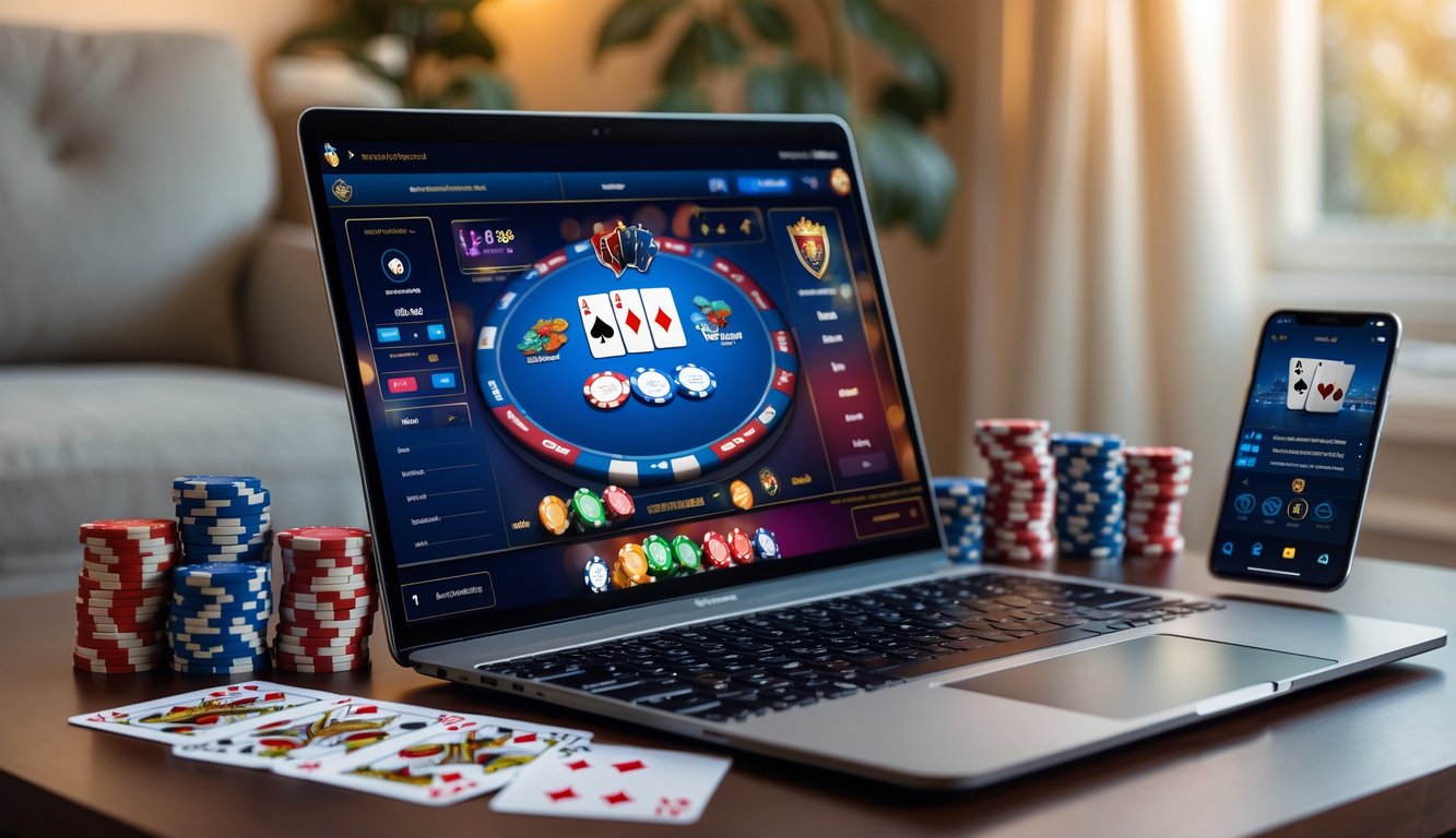 Seorang pria sedang bermain poker online di laptop dengan kartu dan chip poker di meja di ruang tamu yang nyaman.
