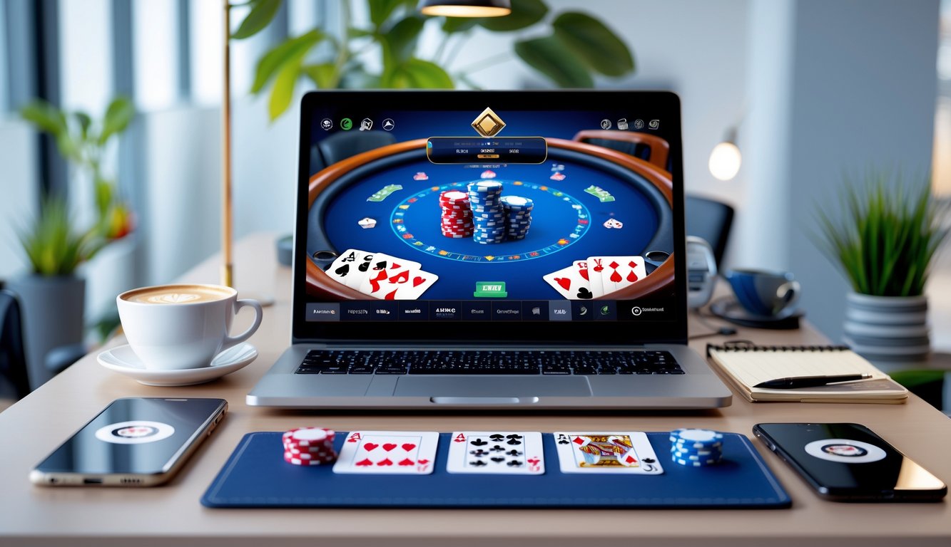 Sebuah meja dengan komputer menampilkan permainan poker online, dilengkapi dengan chip poker dan kartu, di ruang kerja yang rapi.