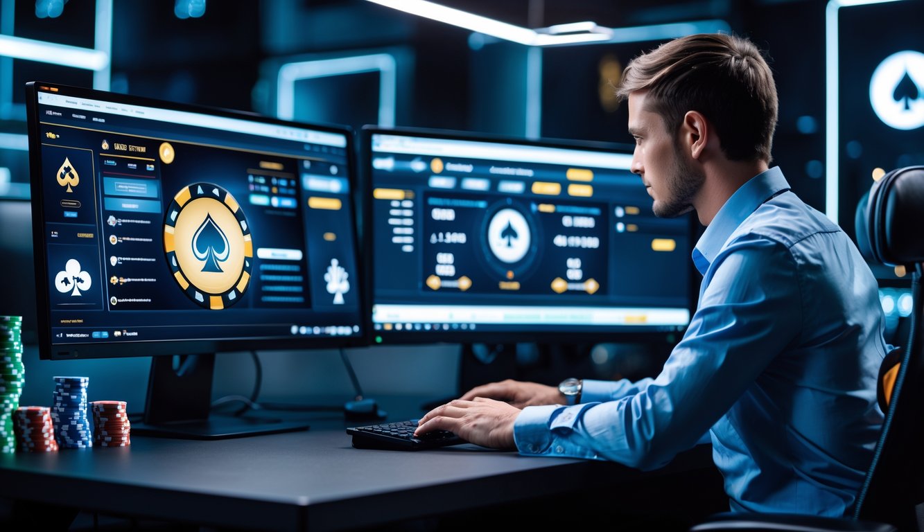 Seorang profesional sedang bekerja di depan beberapa layar komputer yang menampilkan permainan poker online dengan tumpukan chip dan kartu di meja.