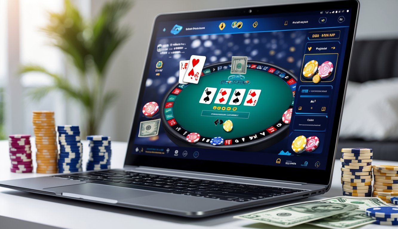Seseorang sedang bermain poker online dengan laptop dan tumpukan chip poker di meja.