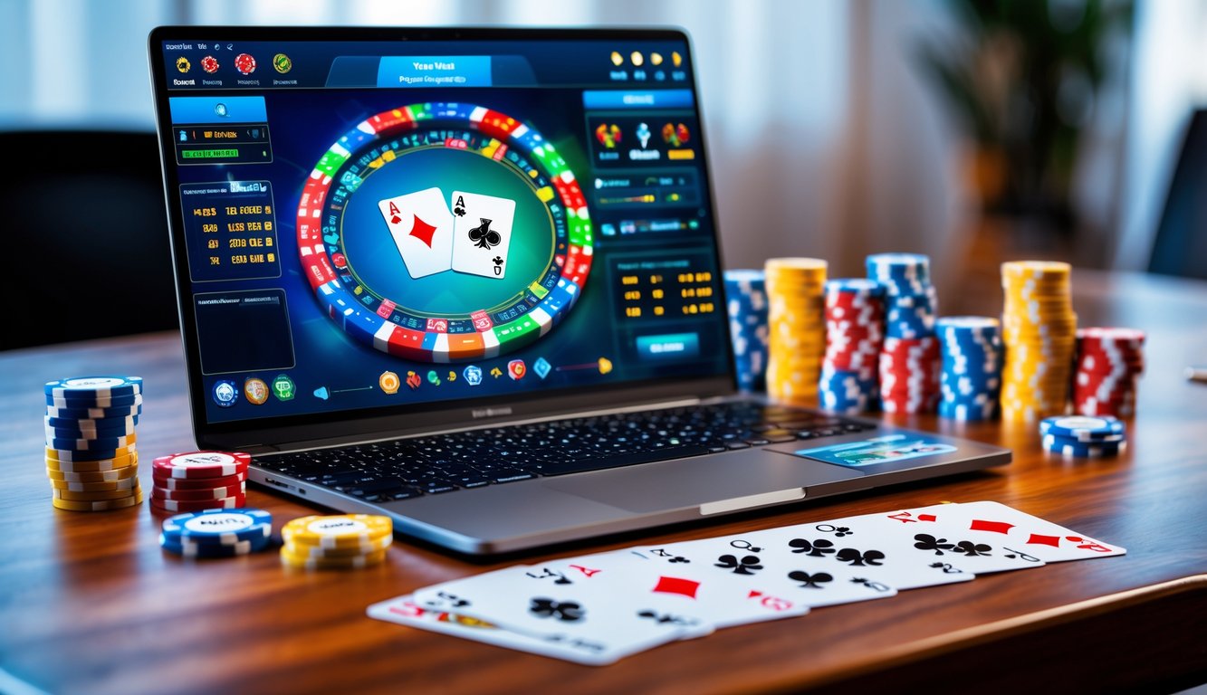 Seorang pemain sedang bermain poker online menggunakan laptop di atas meja kayu dengan tumpukan chip poker dan kartu remi.