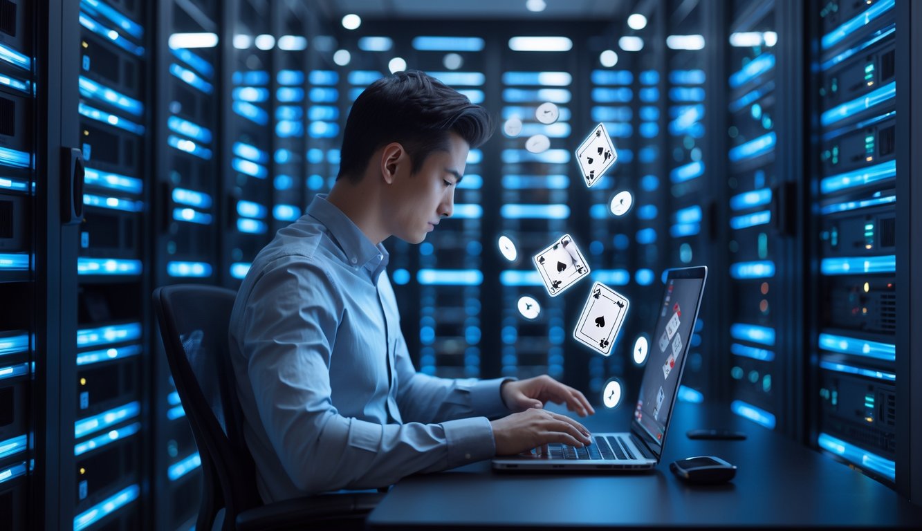 Seseorang menggunakan laptop di ruang server modern dengan rak server dan lampu LED biru.