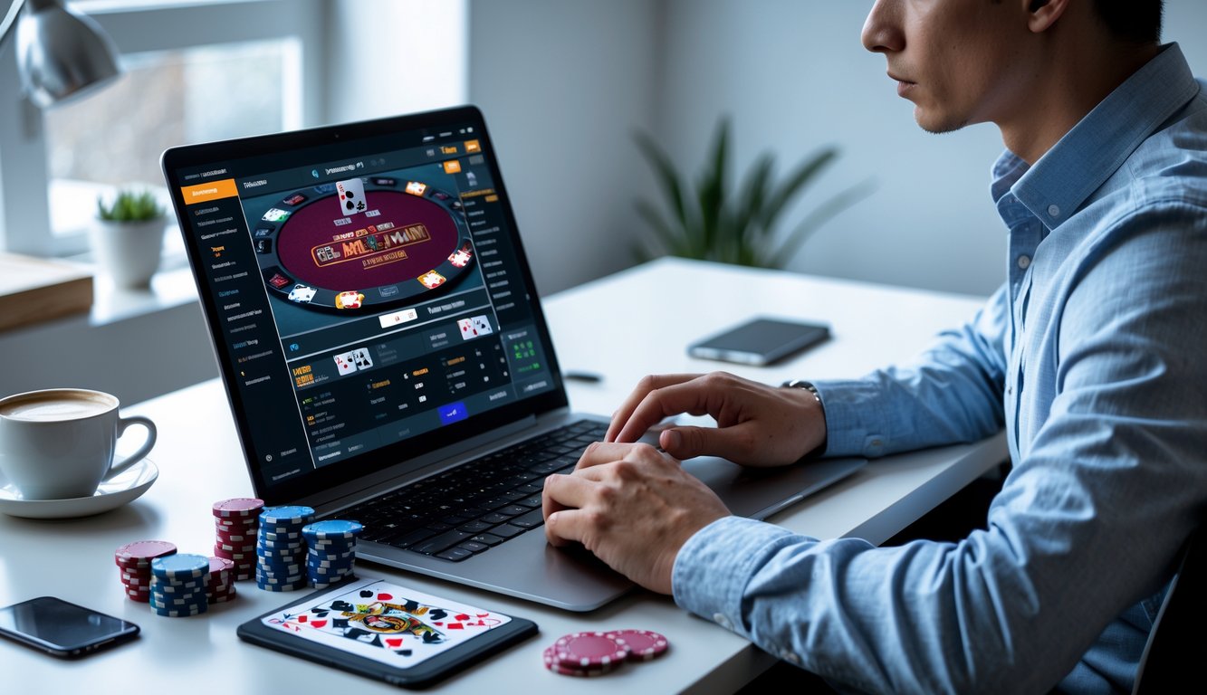 Seorang dewasa muda sedang fokus bermain poker online di depan laptop dengan chip dan kartu poker di meja.