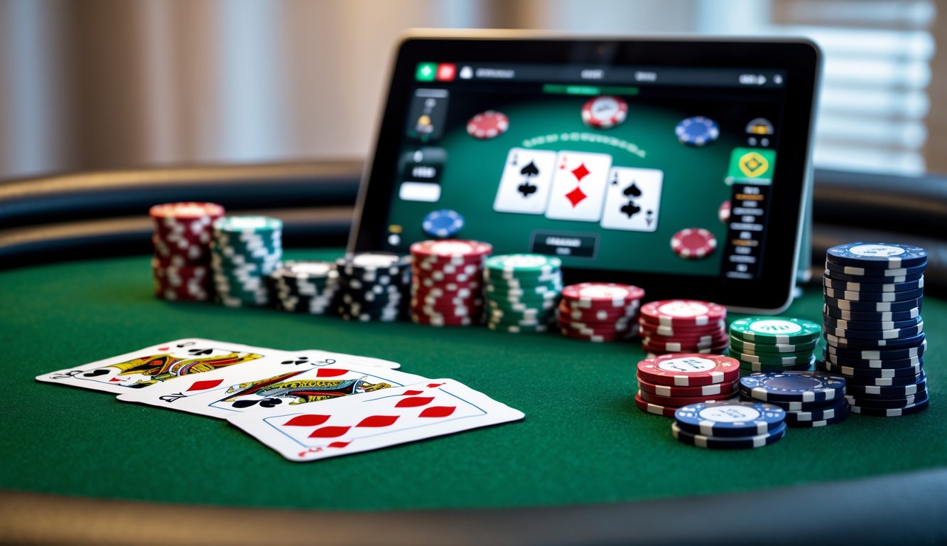 Meja poker dengan chip dan kartu di depan layar digital yang menampilkan permainan poker online.
