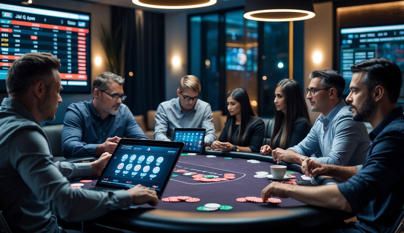 Beberapa orang dewasa sedang bermain poker online di meja dengan laptop dan tablet di ruangan yang terang.