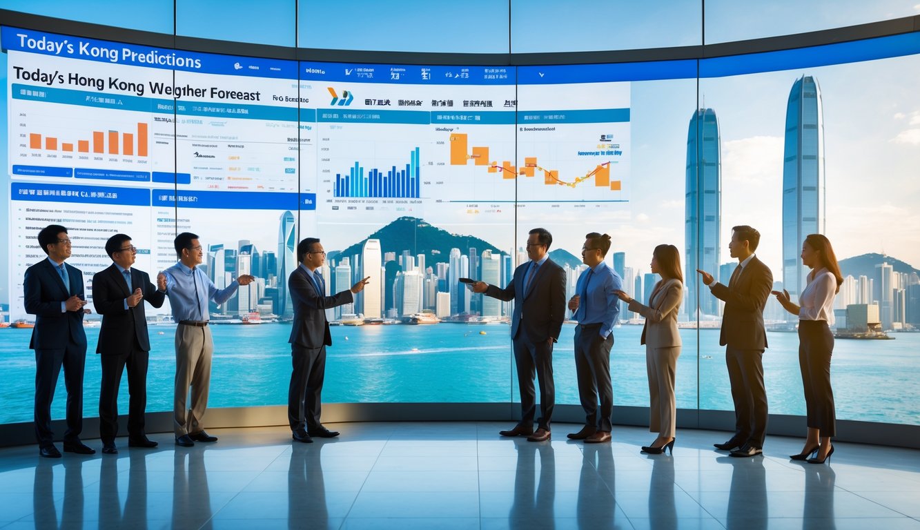 Sekelompok profesional sedang berdiskusi di kantor dengan latar belakang pemandangan kota Hong Kong dan layar besar yang menampilkan grafik dan data.