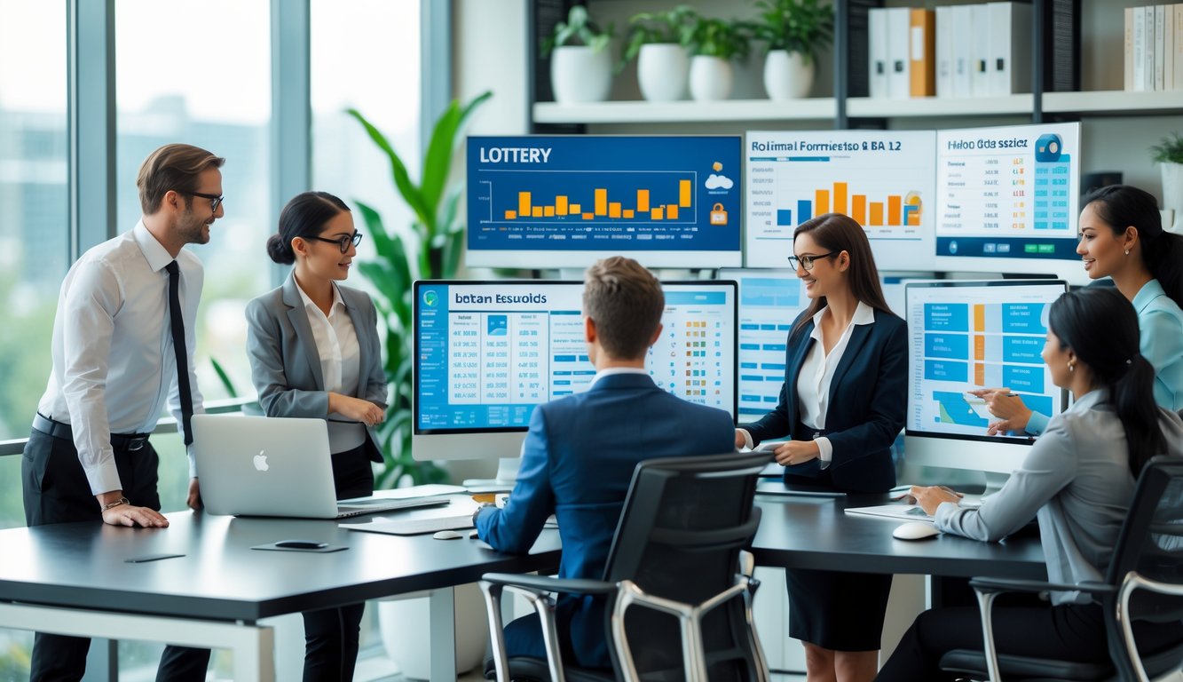 Sejumlah profesional sedang menganalisis data keluaran Hong Kong di kantor modern dengan beberapa monitor komputer dan grafik.