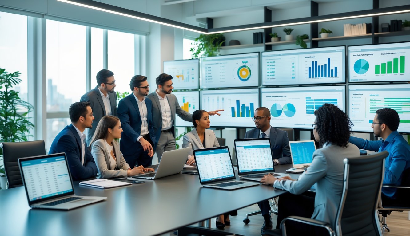 Sekelompok profesional sedang menganalisis data angka di ruang kantor dengan layar komputer menampilkan grafik dan tabel.