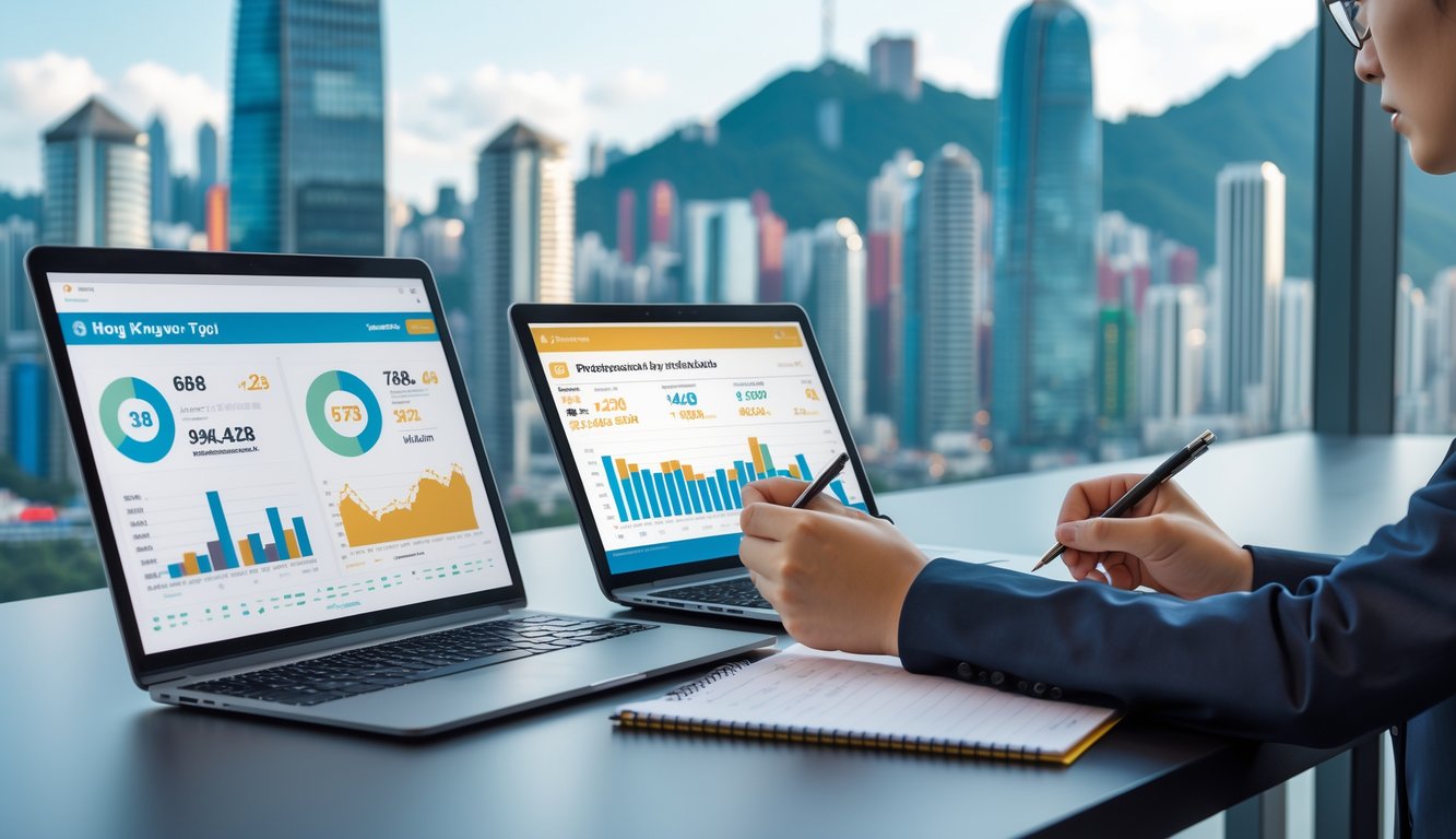 Seorang profesional sedang menganalisis data statistik togel Hongkong di kantor dengan perangkat digital dan pemandangan kota di latar belakang.