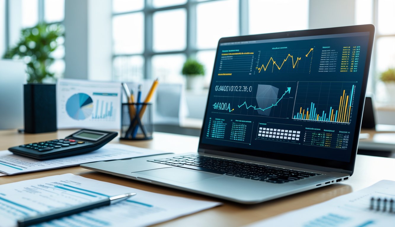 Meja kerja modern dengan laptop menampilkan data dan grafik prediksi, dokumen rapi, kalkulator, dan pena di ruang kantor yang terang.