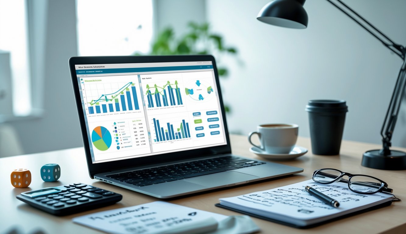 Meja kerja modern dengan laptop, kalkulator, catatan angka, dadu, kartu remi, dan bola lotere di atasnya.