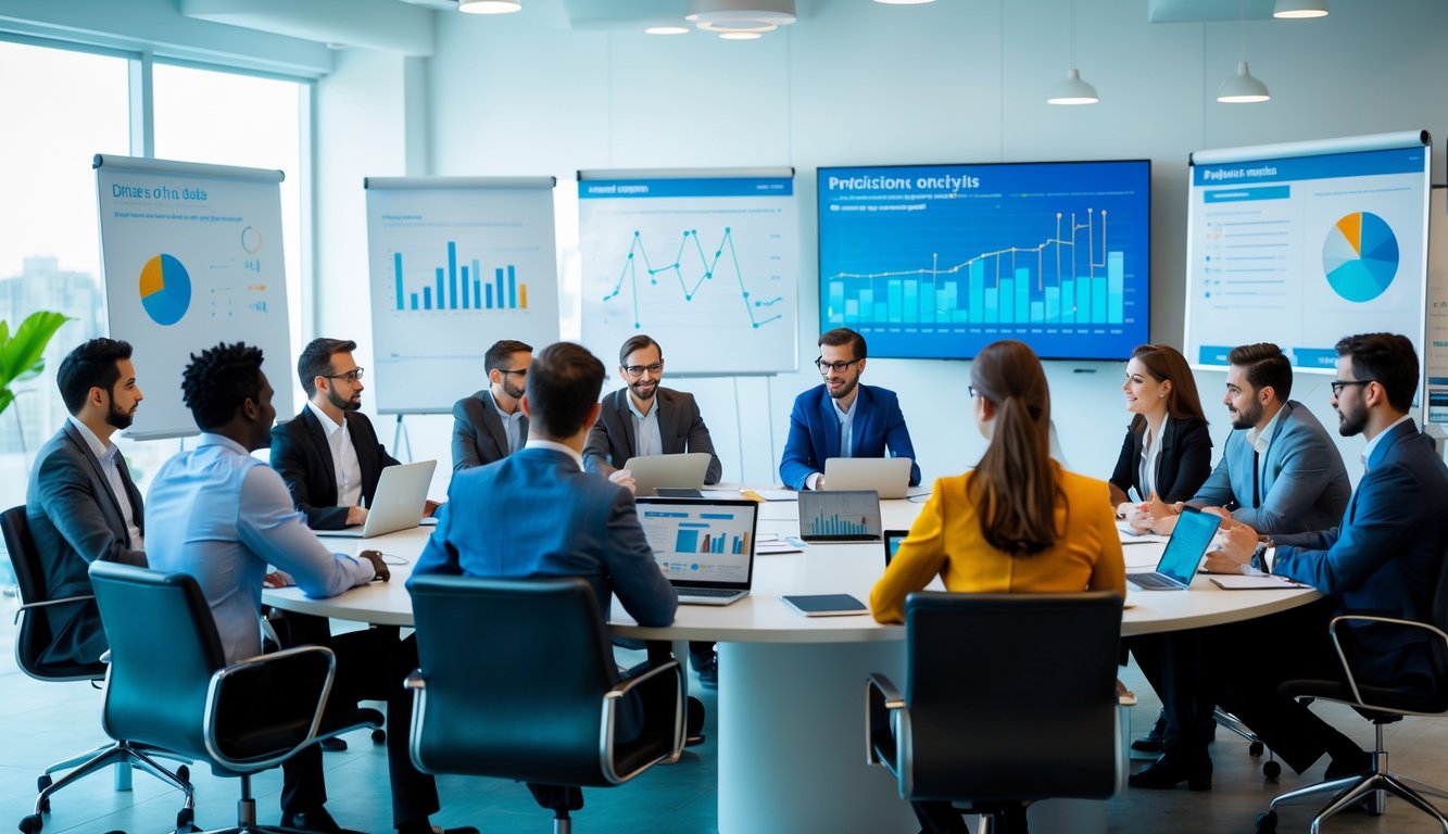 Sekelompok orang sedang berdiskusi serius di meja konferensi modern dengan laptop dan catatan di ruangan terang.