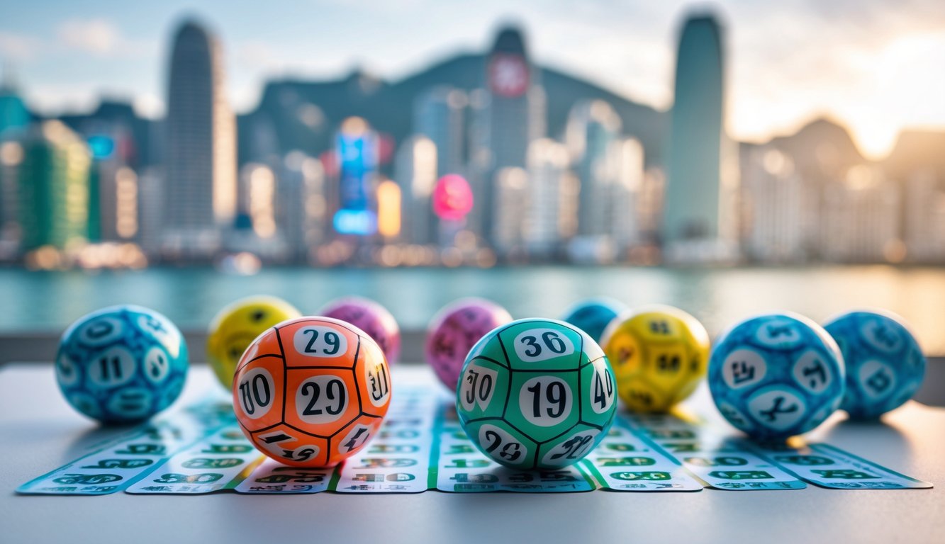 Tampilan dekat bola lotere berwarna-warni dengan angka, di latar belakang samar pemandangan kota Hong Kong.