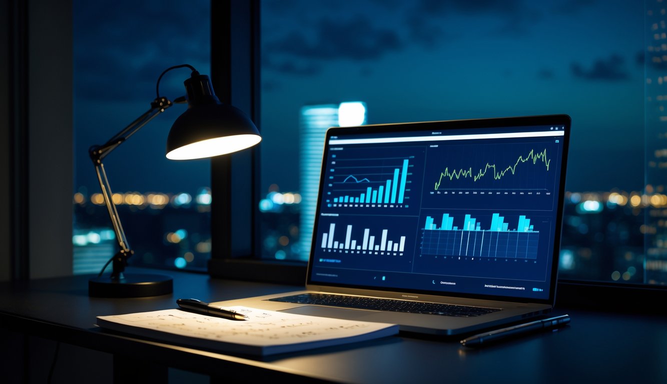 Meja kerja dengan laptop, notepad, dan lampu meja di malam hari dengan pemandangan langit malam di luar jendela.