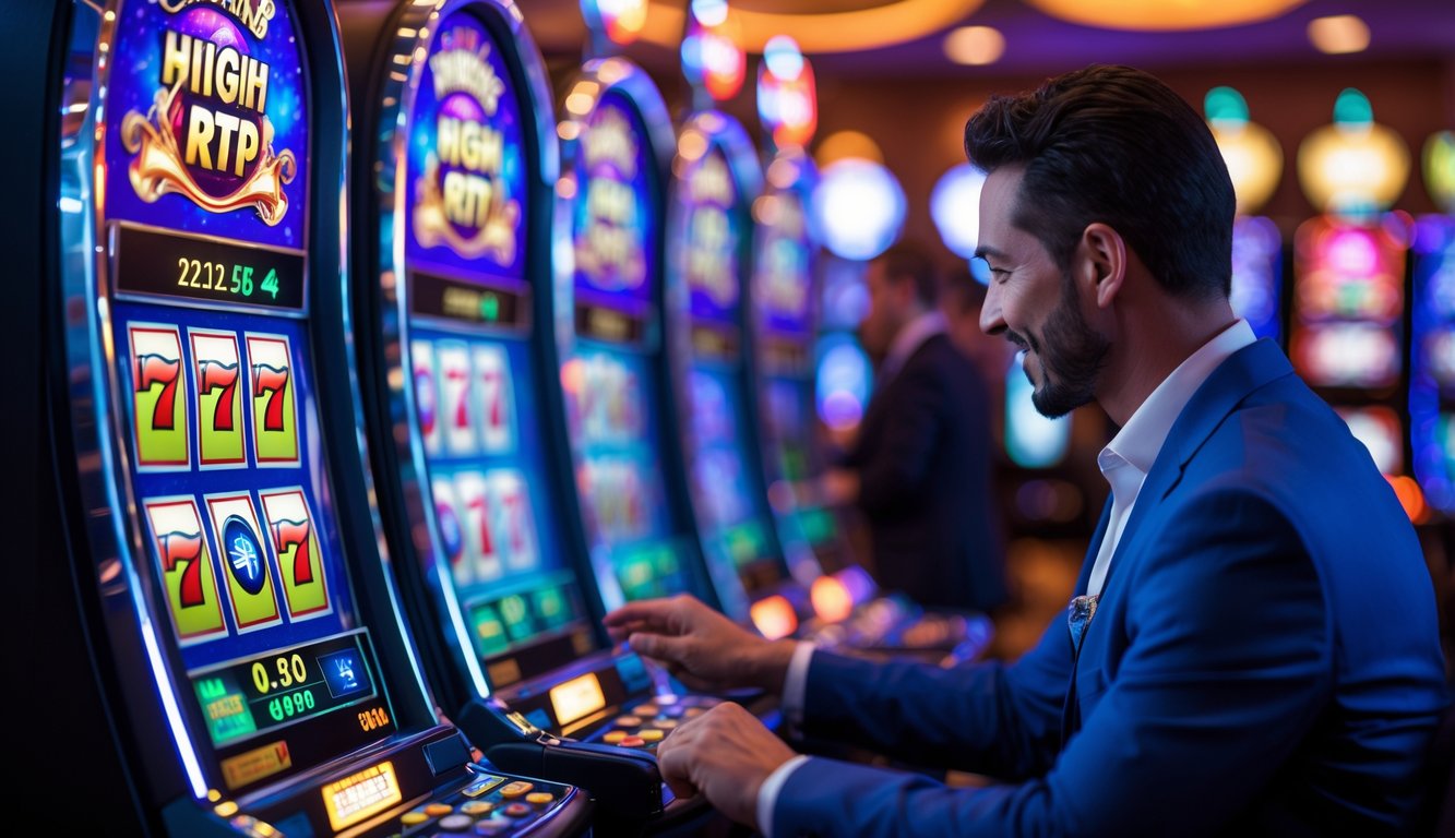 Seorang pemain berdiri di depan mesin slot modern dengan lampu warna-warni di kasino yang ramai.