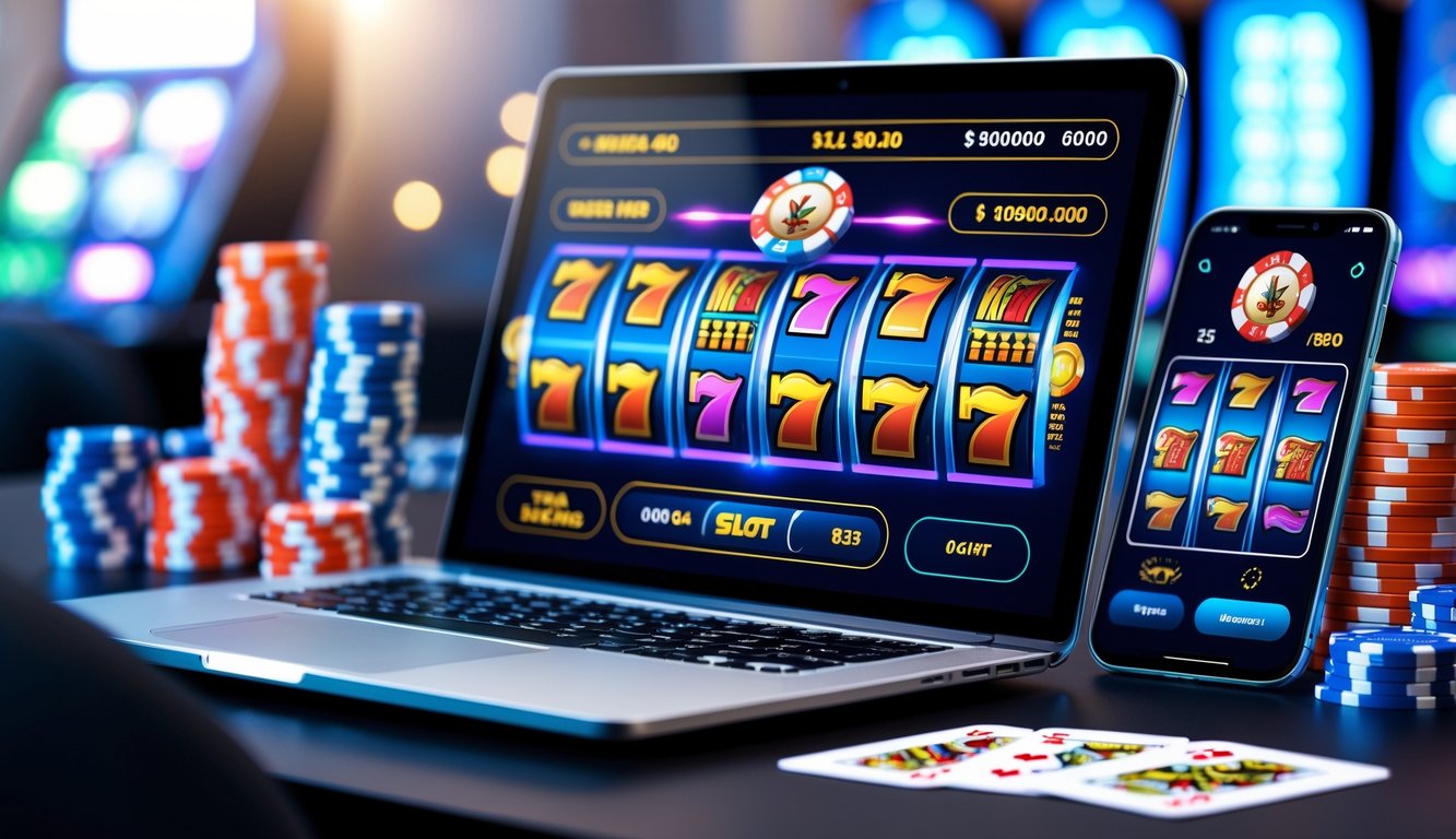 Sebuah meja kerja modern dengan laptop yang menampilkan permainan mesin slot berwarna-warni dan beberapa chip poker serta kartu remi di sekitarnya.