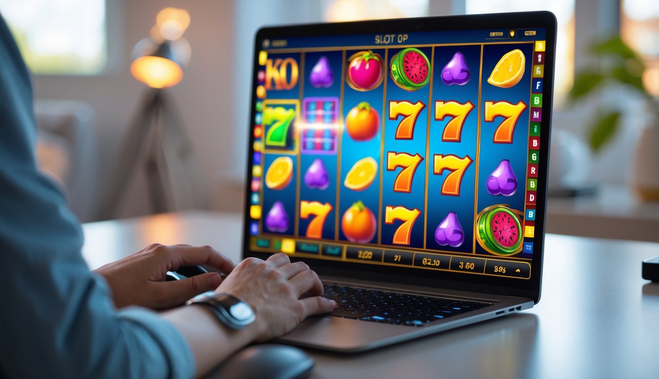 Sebuah laptop menampilkan permainan slot online dengan gulungan berwarna cerah, tangan seseorang terlihat sedang menggunakan mouse di meja yang rapi.
