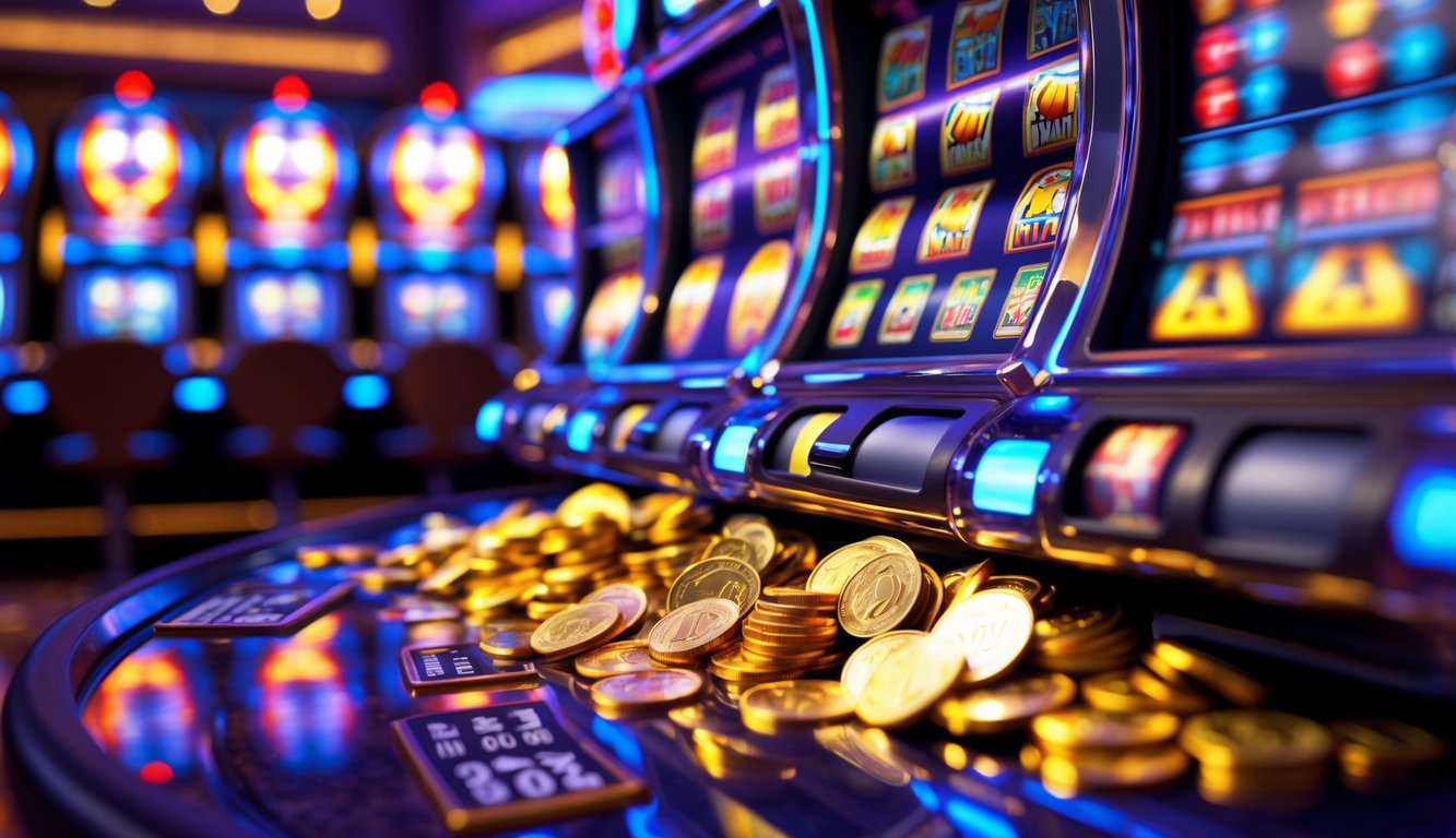 Mesin slot modern dengan koin yang keluar setelah kemenangan besar di kasino.