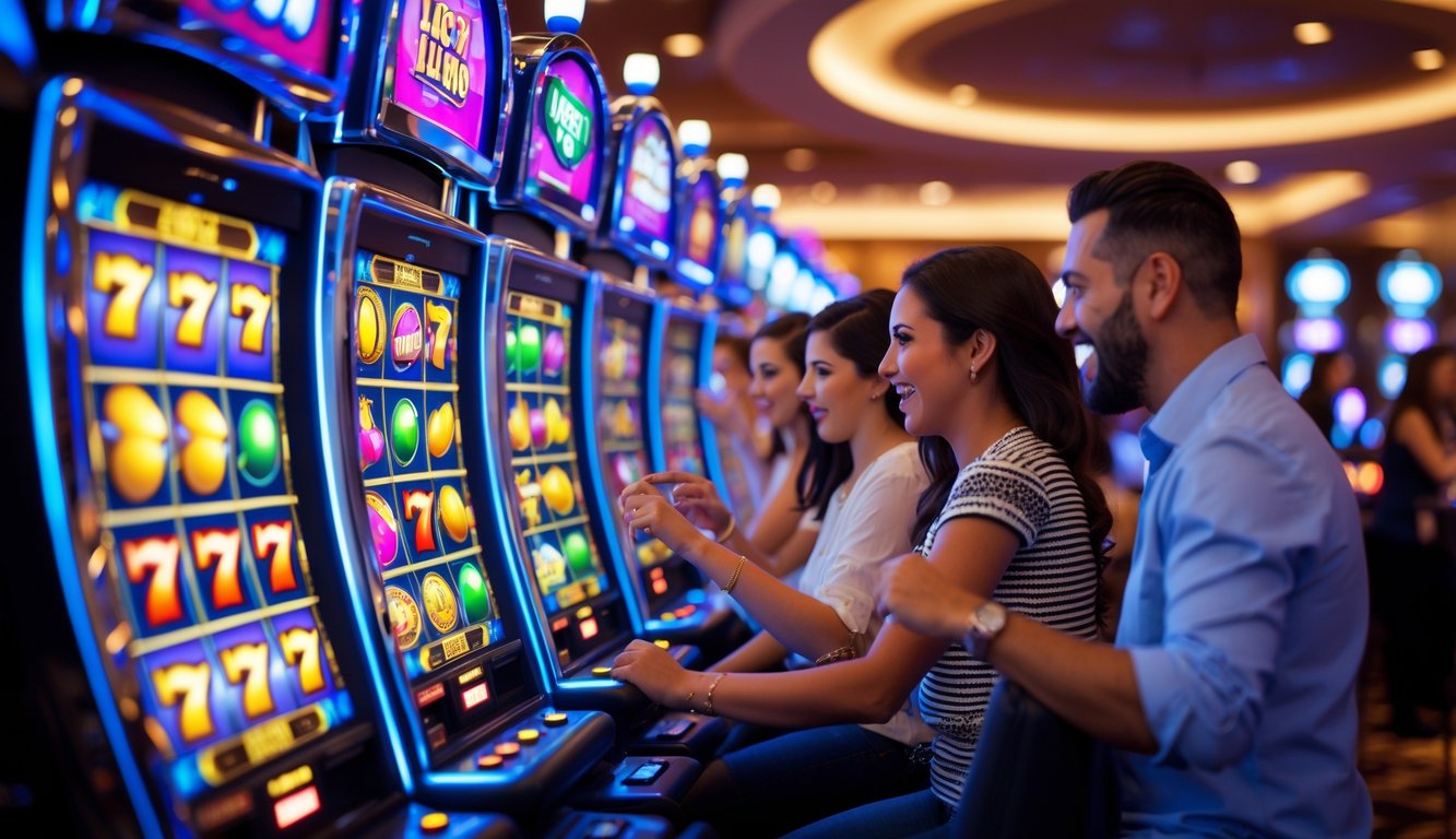 Orang-orang bermain mesin slot berwarna-warni di dalam kasino yang terang dan ramai.