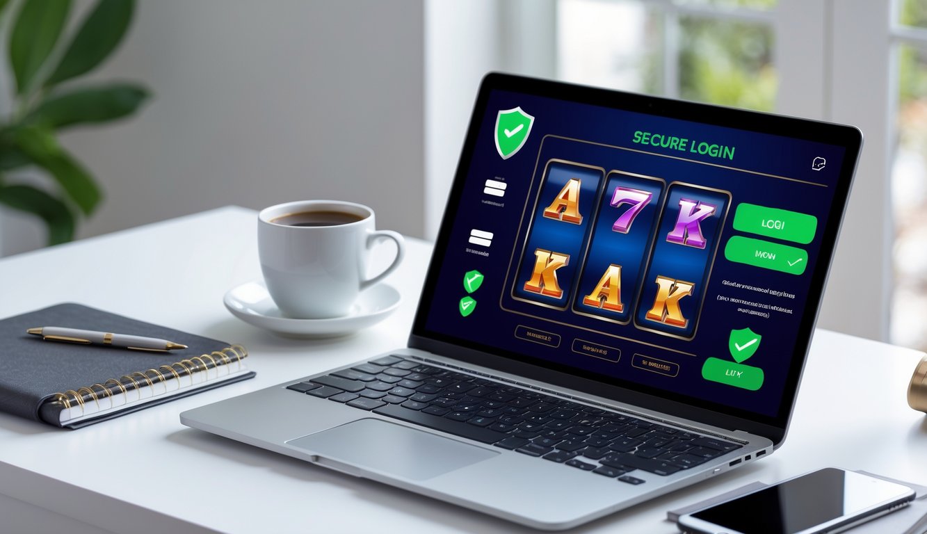 Sebuah laptop di atas meja dengan tampilan permainan slot online yang cerah dan ikon keamanan, di sekitar meja terdapat cangkir kopi, ponsel, dan buku catatan.