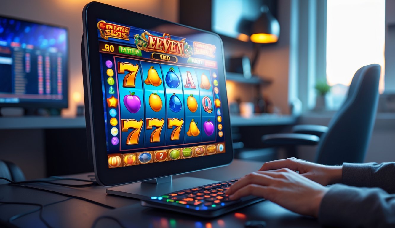 Seseorang sedang bermain permainan slot online di komputer di ruang kerja yang nyaman.