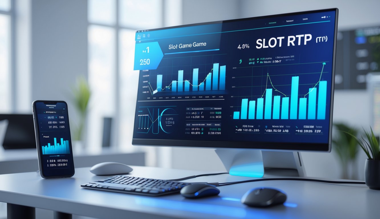 Seorang profesional menggunakan komputer dengan grafik dan data statistik permainan slot yang diperbarui secara langsung di layar.