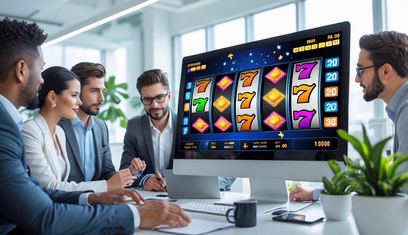Sekelompok profesional bisnis sedang berdiskusi di sekitar layar komputer yang menampilkan antarmuka mesin slot digital di ruang kantor yang terang dan modern.