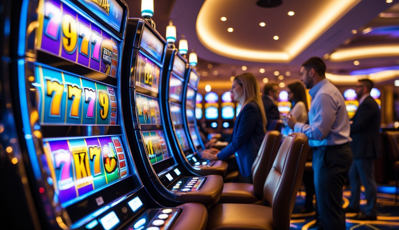 Orang-orang sedang bermain mesin slot di kasino dengan suasana yang cerah dan penuh semangat.