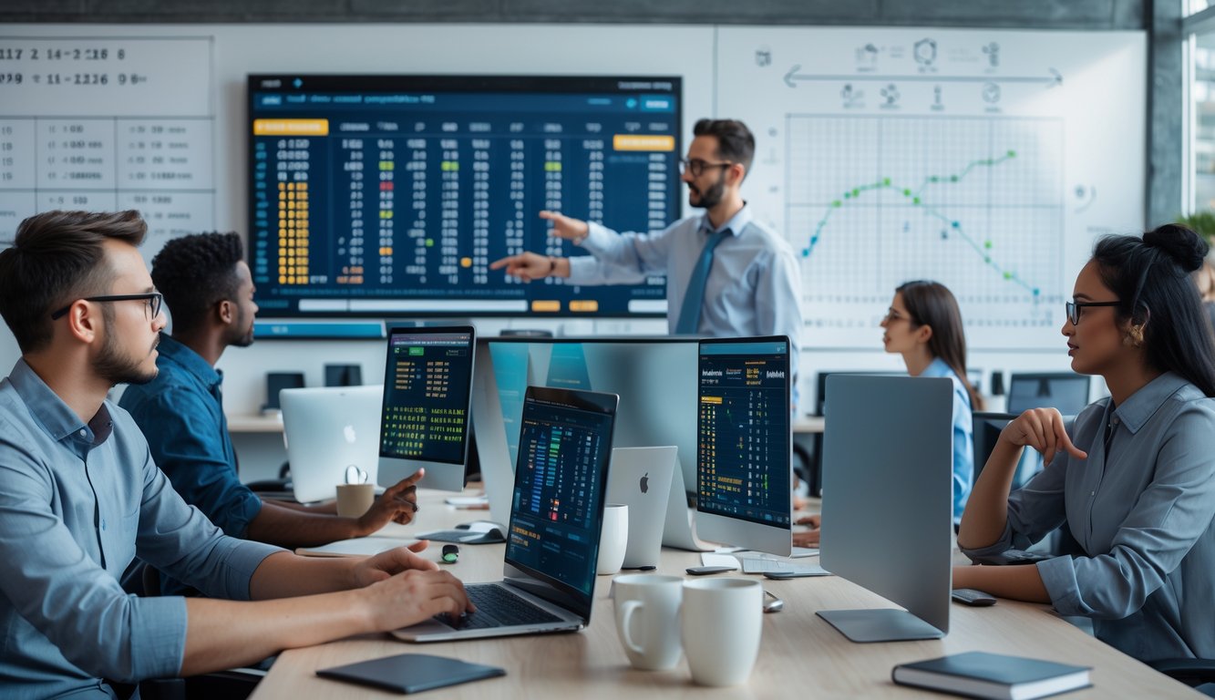 Sekelompok orang sedang menganalisis data dan grafik di kantor modern yang terang dengan papan tulis berisi rumus matematika di latar belakang.