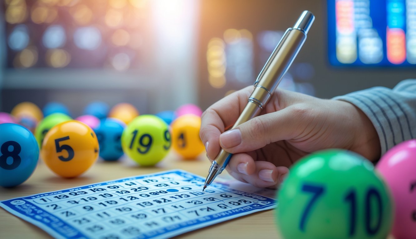 Tangan memegang pena di atas tiket togel dengan bola bernomor berwarna-warni di sekitar, menunjukkan suasana menunggu hasil angka keluaran togel.