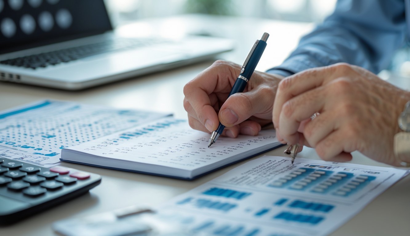 Tangan seseorang menulis angka pada buku catatan di atas meja dengan laptop dan kalkulator.