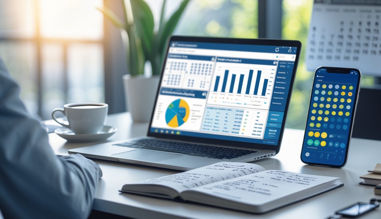 Meja kerja dengan laptop menampilkan data angka, buku catatan dengan tulisan tangan, dan secangkir kopi, suasana fokus dan analitis.